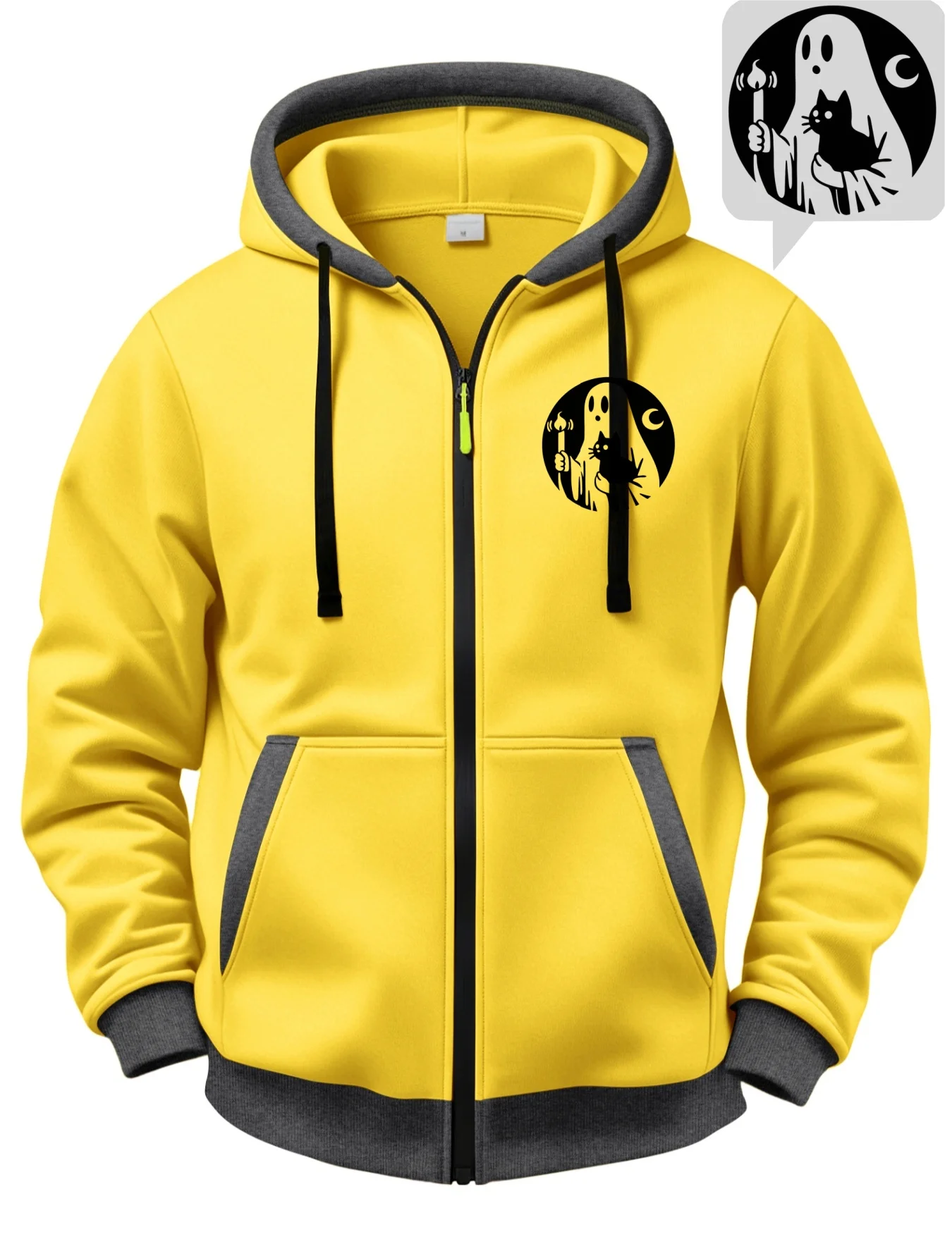 Halloween Ghost Black Cat Print Men's Zip-Up Hoodie, Autumn and Winter Color-Blocking Fashion Cardigan Hoodie, Casual Fleece-Lined Long-Sleeve Jacket