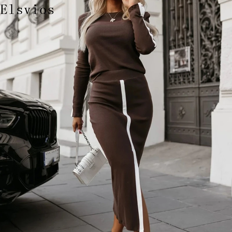 

Elegant O-Neck Long Sleeve Blouse Tops&Long Skirts Suit All Match Two Piece Mid Split Sexy Outfit Autumn Slim Women Dresses Set