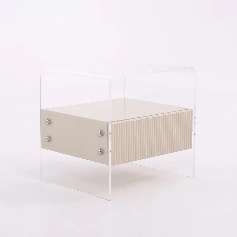 Modern Acrylic Frame Bedside Table Drawer Beige Nightstand with Clear Transparent Legs for Bedroom Living Room