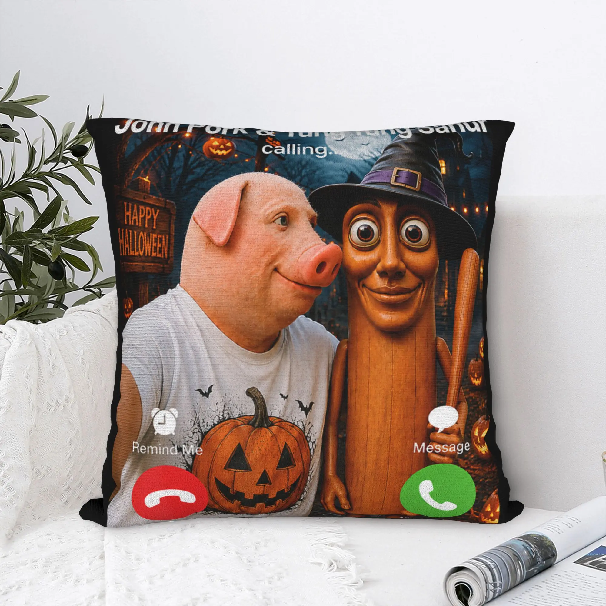 John Pork Tung Tung Sahur Calling Funny Halloween Brainrot Pillow Case Pillow Cover Comfy Pillowcases For Living Room Bed Chair
