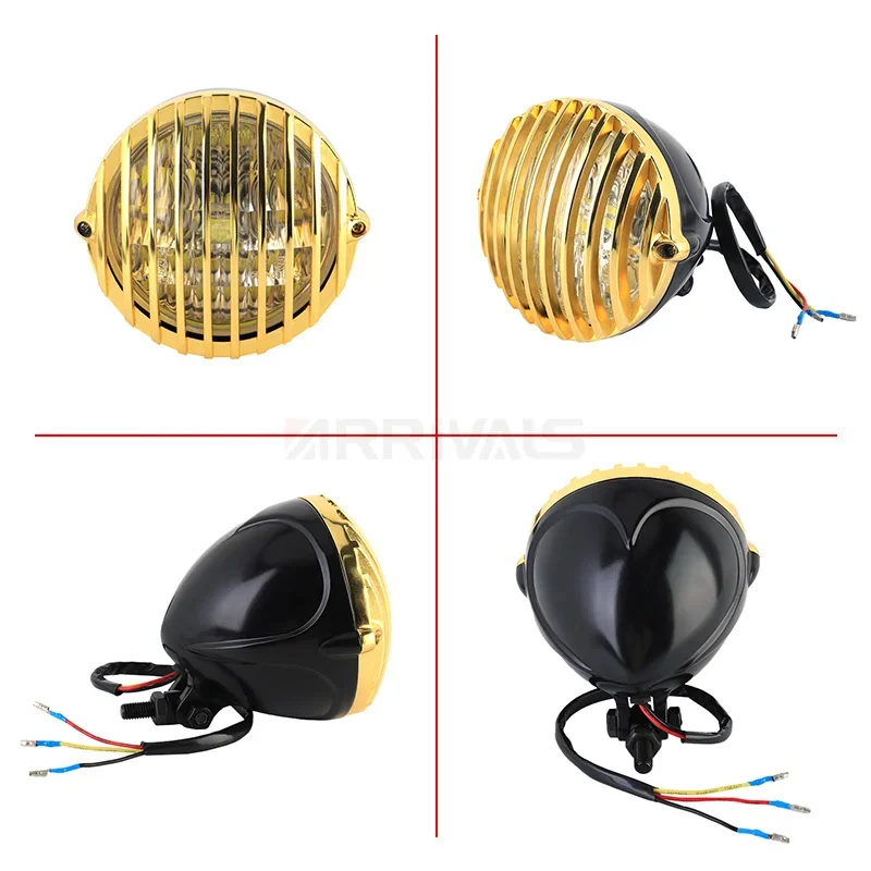 Motorcycle Vintage Old Bezel Grille Headlight Gold Front Lamp For Harley Honda Yamaha Suzuki Kawasaki Universal