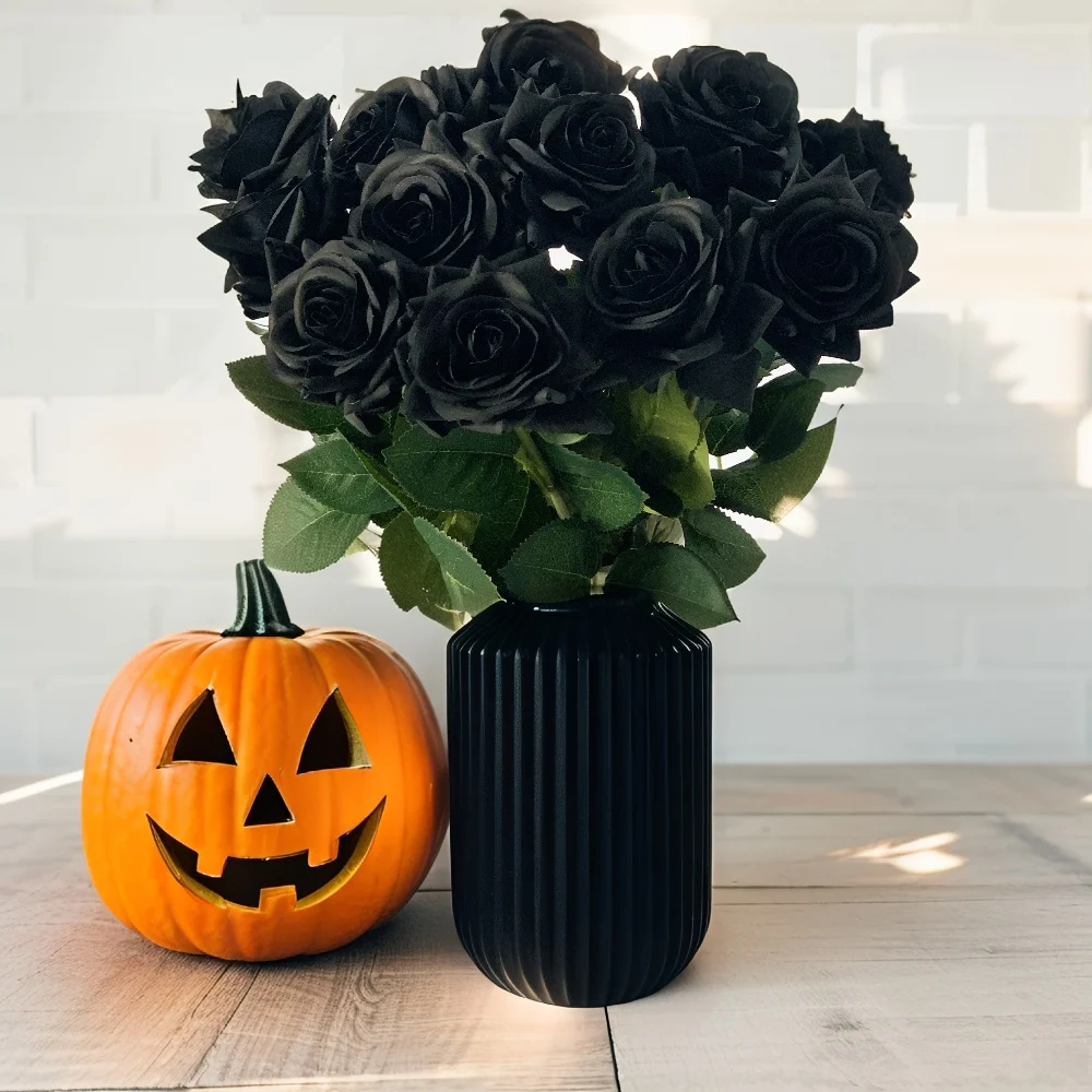 

15 шт. искусственные цветы из искусственного шелка, черная роза, украшение на Хэллоуин, настоящий сенсорный букет роз, длинный стебель, украшение для комнаты, вечеринки, дома