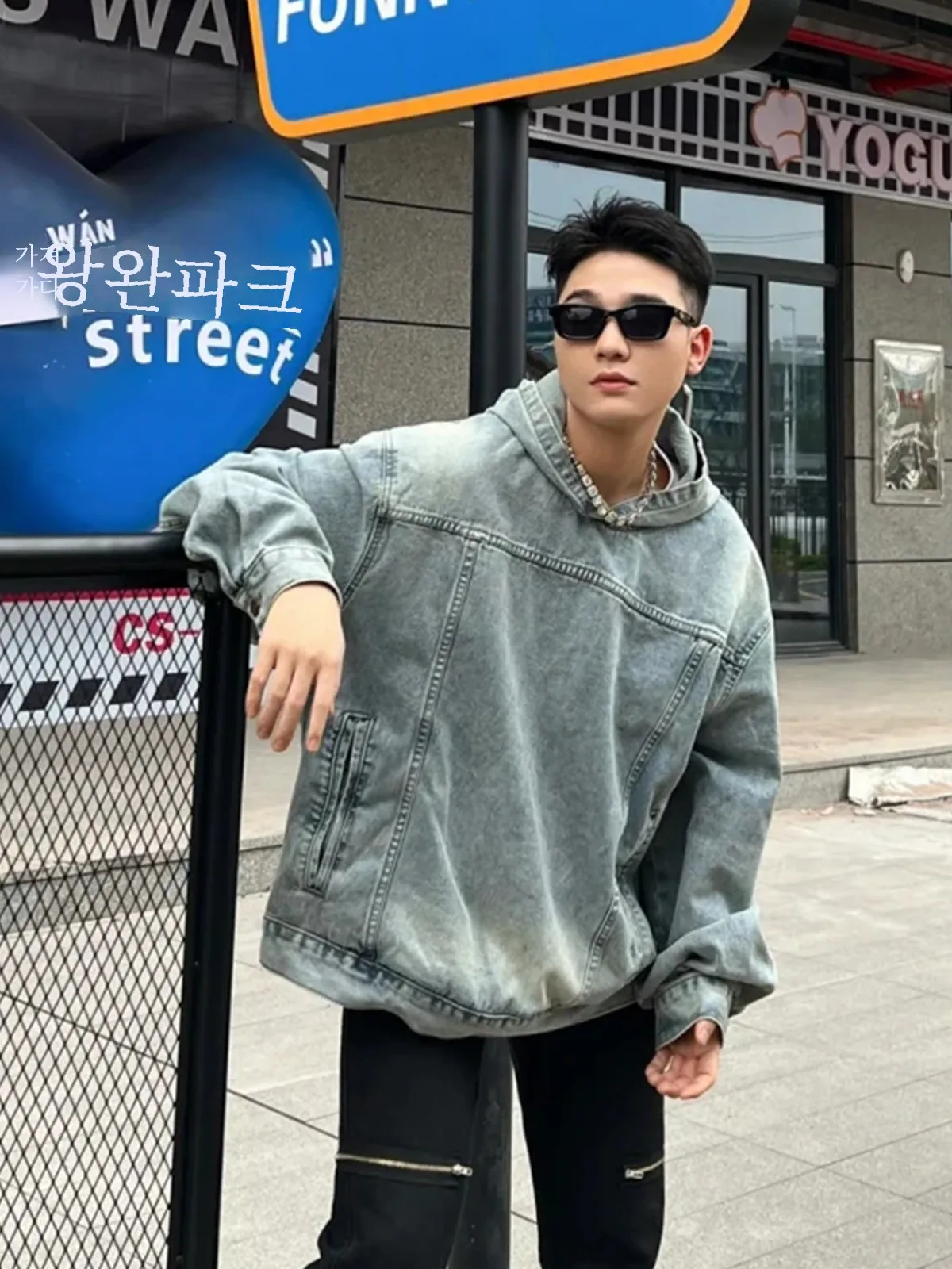 Street  Design Washed Hood Denim Hoodie Men's Oversize Loose Hooded T-shirt Jacket Top Fashion