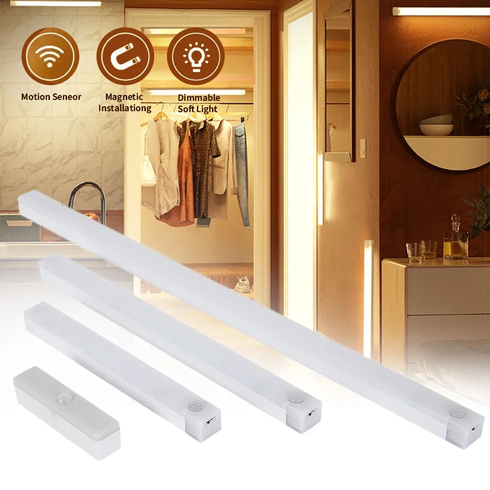 Motion Sensor LED Under Cabinet Lamp Dimmable Rechargeable Night Light Stairs Closet Room Aisle Tube Bar Detector Bulb