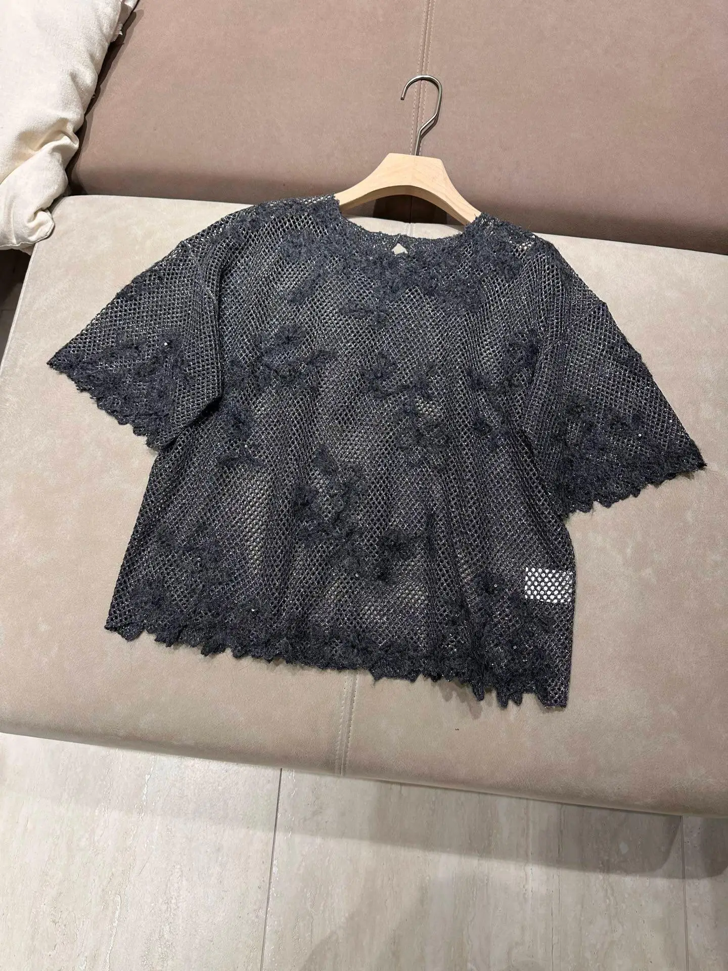 Light Luxury Style Dark Gray Heavy Duty Lace Embroidery Women Set, Round Neck Woven Top & High Waist Midi Skirt