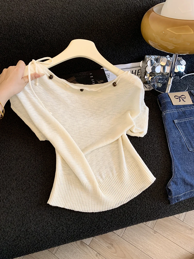 

Summer New Style Women's Knitted Short Sleeve Sweater Beaded Strap Shoulder Slimming Top Korean Version Straight Cut Commute