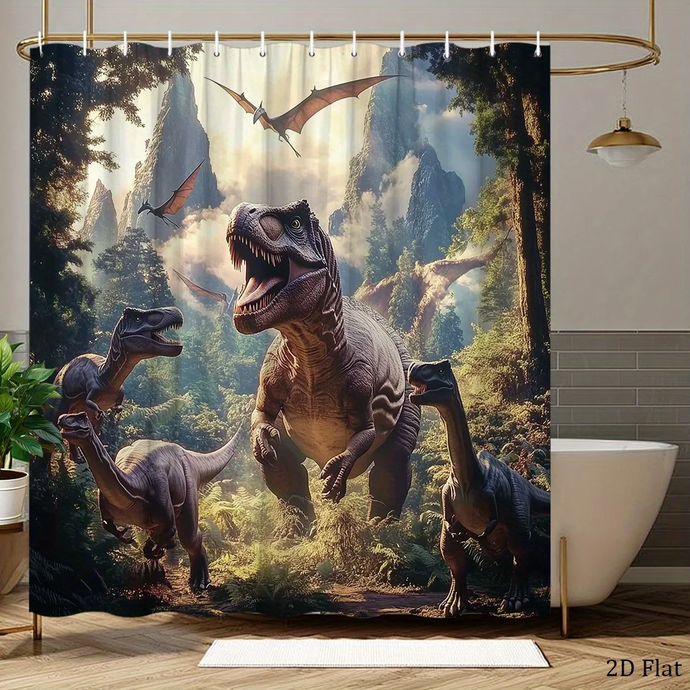 1pc a Shower Curtain Featuring a Tyrannosaurus Rex in a Dinosaur Valley, Surrounded by Prehistoric Mountains And Lush Greenery.