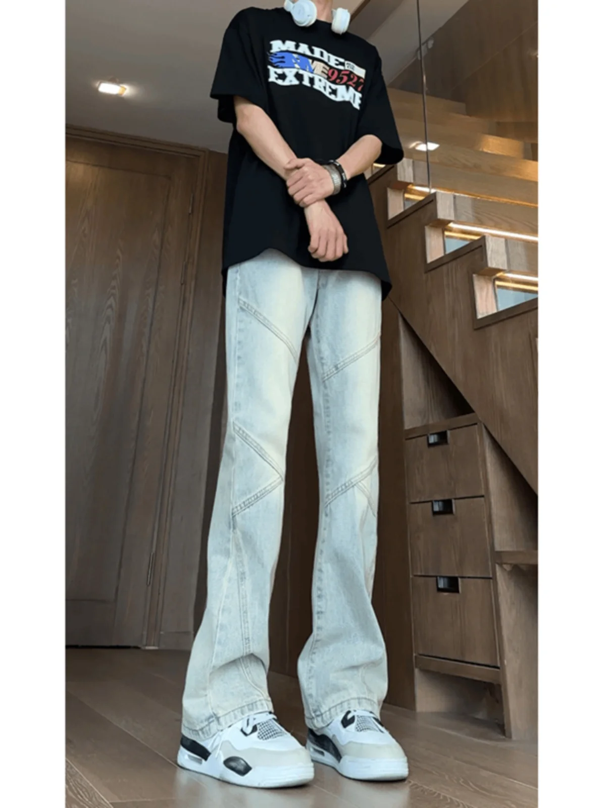 

Blue Patchwork Men's Jeans Spring Autumn Loose Straight Leg Workwear Trousers American Retro Bell Bottoms Deconstructed Design