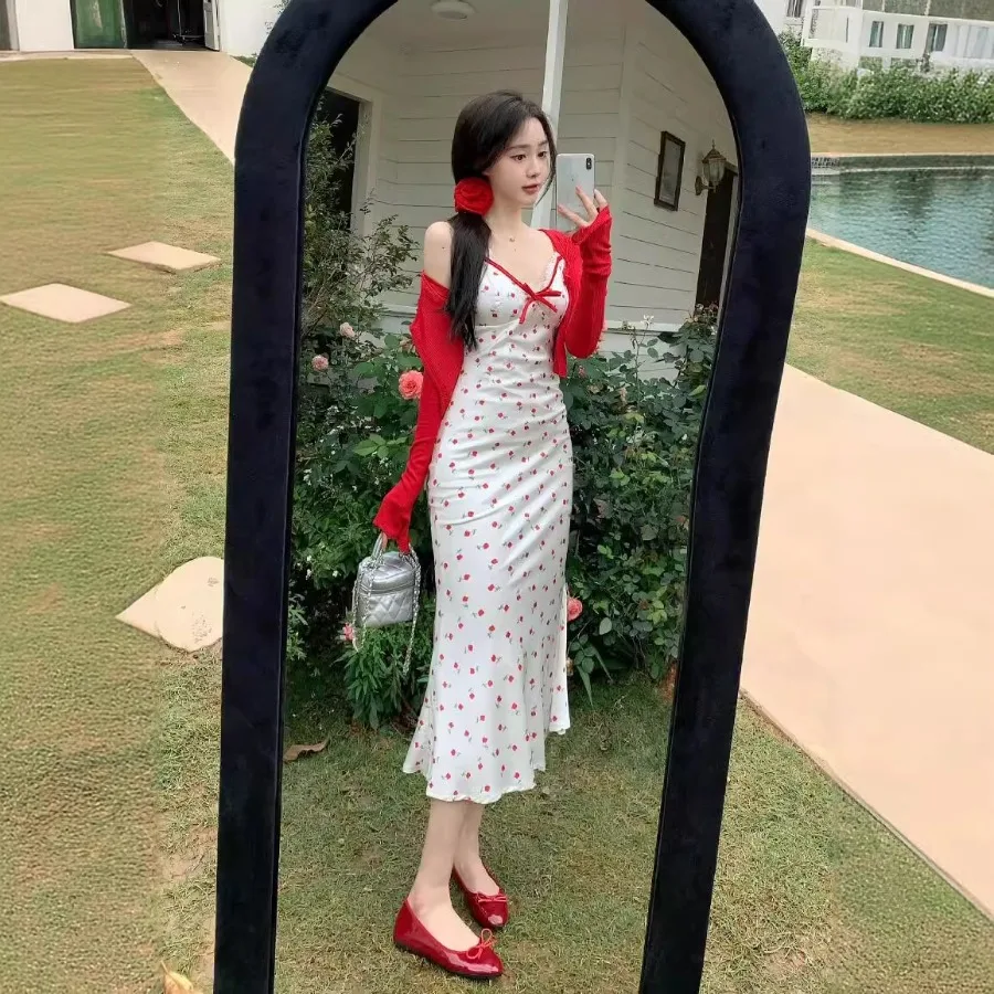 

【New style】Summer new style small man sweet chic pure desire sexy floral suspender dress with cardigan two-piece set