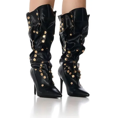 2024 European and American New Fashion Pointed Walking Shoes Women's Folded Gold Rivet Thin High Heel Knee Length Sleeve Boots