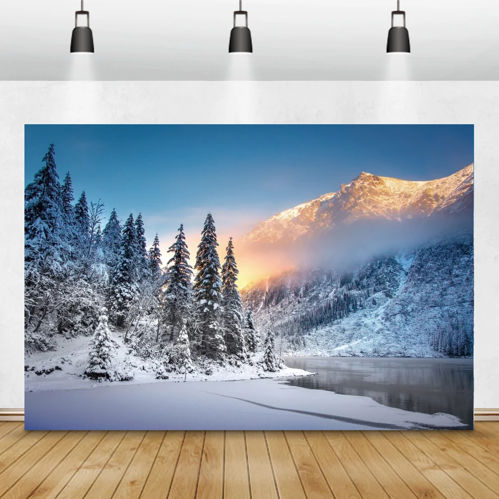 Dreamy ฤดูหนาว Photophone ป่าต้นสนหิมะภูเขาภายในบ้าน Decro การถ่ายภาพฉากหลังภาพพื้นหลัง Photozone