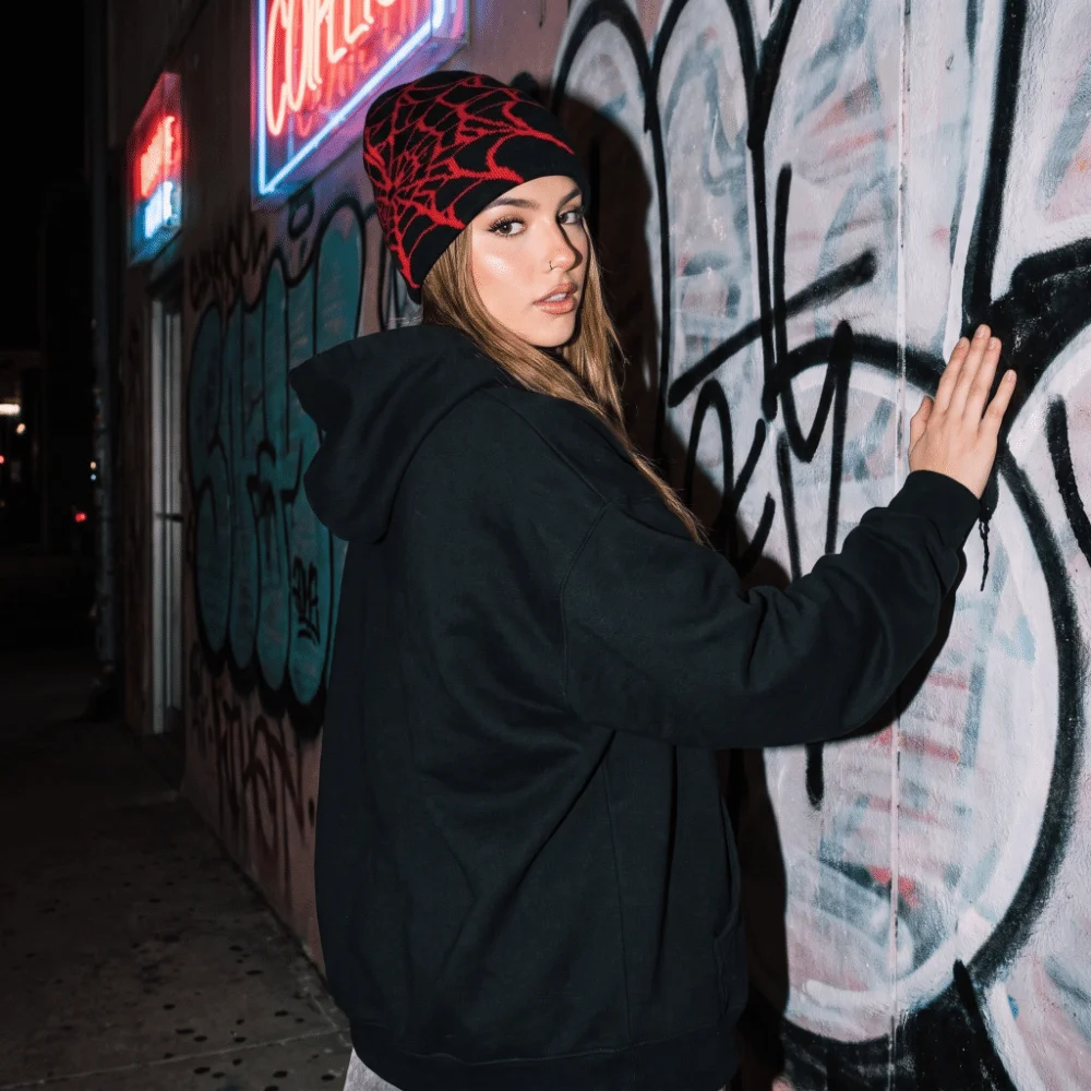 Beanie Cuffed Knit - Gothic Soft Spider Web Pattern Beanie