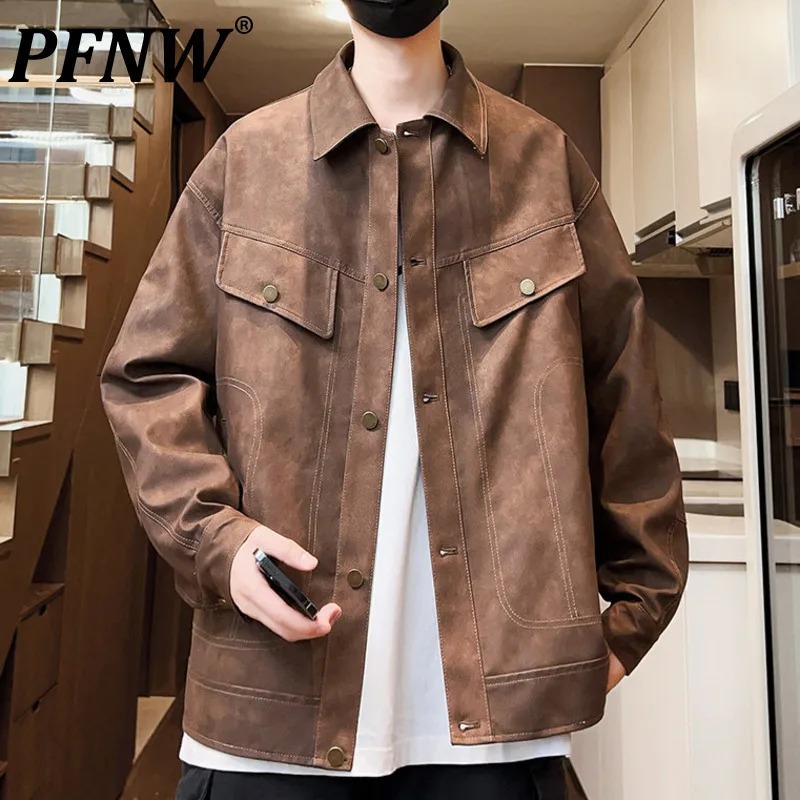 

PFNW Niche Deisgn Men's Jackets PU Leather Turn-down Collar Single Breasted Solid Color Loose Male Clothing Autumn New 12C1038