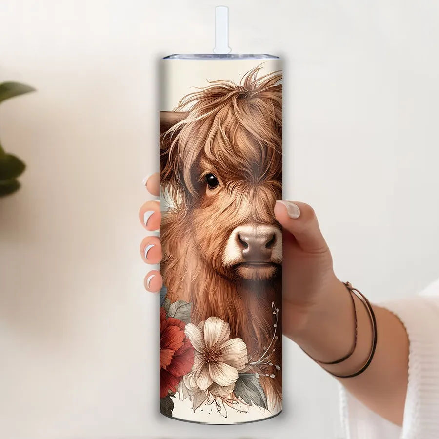 1Pc 3D Print Flowers & Highland Cow Party Tumblers Straw Lid 20oz Stainless Straight Coffee Mugs Travel Cups Vacuum Tumblers