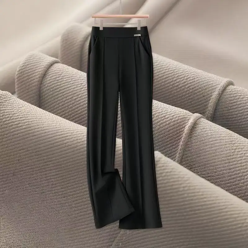 Pantalon drapé élastique à jambes droites pour femmes, nouvelle collection automne, taille haute décontractée, noir, jambes larges et étroites