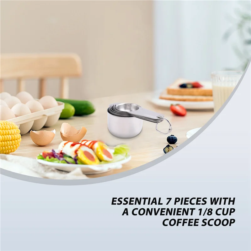 Measuring Cups Set Of 7 With 1/8 Cup Coffee Scoop,Stainless Steel Metal Measuring Cup, 7 Piece Stackable Set With Spout
