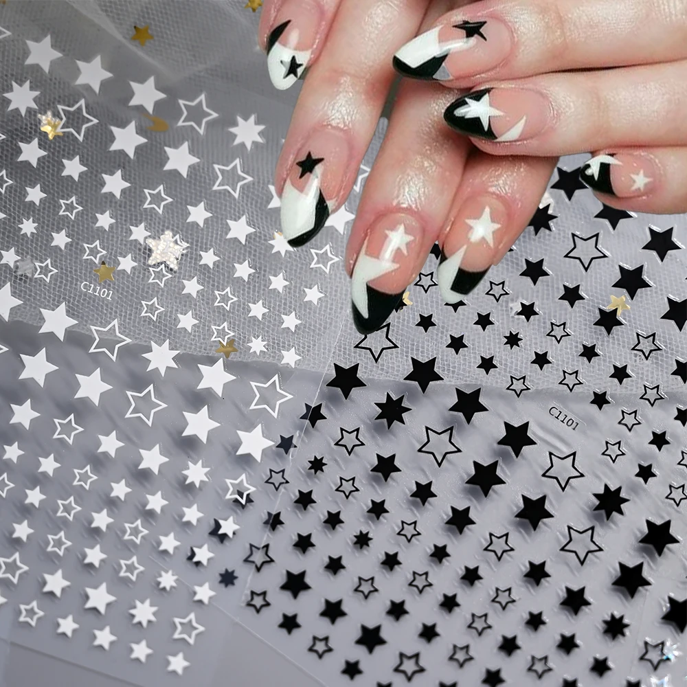 1Pcs Black White Star Nail Art Sticker 3D Pentagram Self-Adhesive  Y2K Nail Decals Luxury Black Star Manicure Decoration Slider