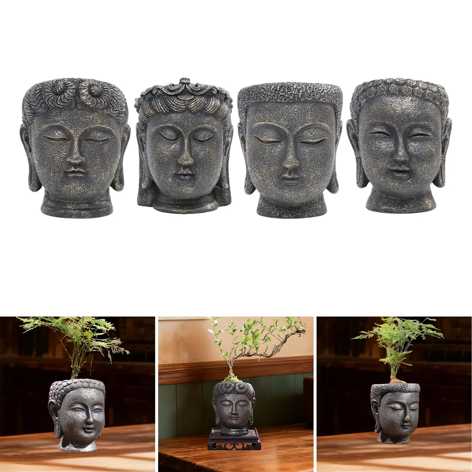 Resin Buddha Head Flower Pot Tabletop Planter Decorative Sculpture Figurine for Interior Home Garden Plant Vase Decor