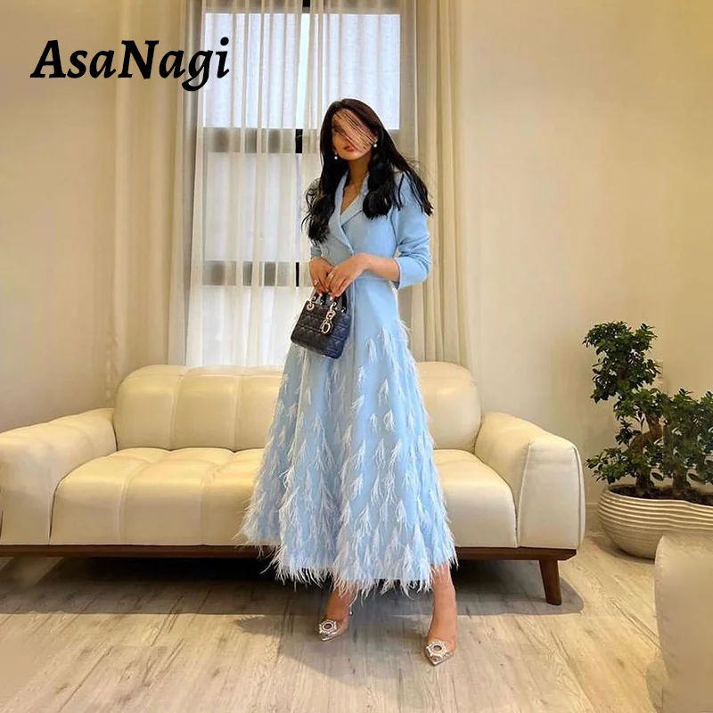 AsaNagi A Line Prom Dress Women's Sky Blue Long Sleeve Party Evening Gown Feather Elegant V Neck 2024 Special Occasion Dresses