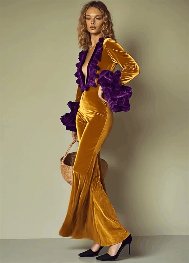 Tuta in Velluto da Donna Giallo Viola Sexy con Scollo a V, Maniche Lunghe e Pantaloni a Zampa, Ideale per Matrimoni, Serate, Banchetti e Feste
