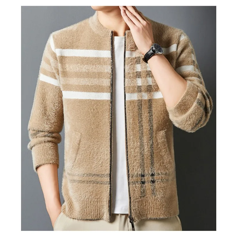 

Men's Faux Mink Cardigan Plaid Knit Sweater Jacket Thick Warm Zip-Up Baseball Collar Outerwear Casual Striped Retro Style