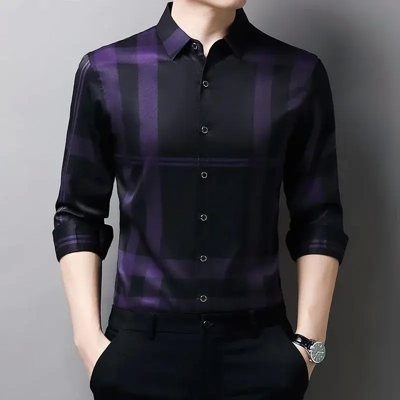 New Men's Casual Fashionable Long Sved Shirt with Pri Autumn Thickened Fleece Nine-Quarter Sleeve  Collar Special Wide Fit