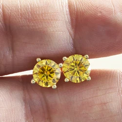925 Sterling Silver Stud Earrings Round Brilliant Cut VVS1 White/Pink/Yellow Moissanite Test Passed Diamond for Women Gift