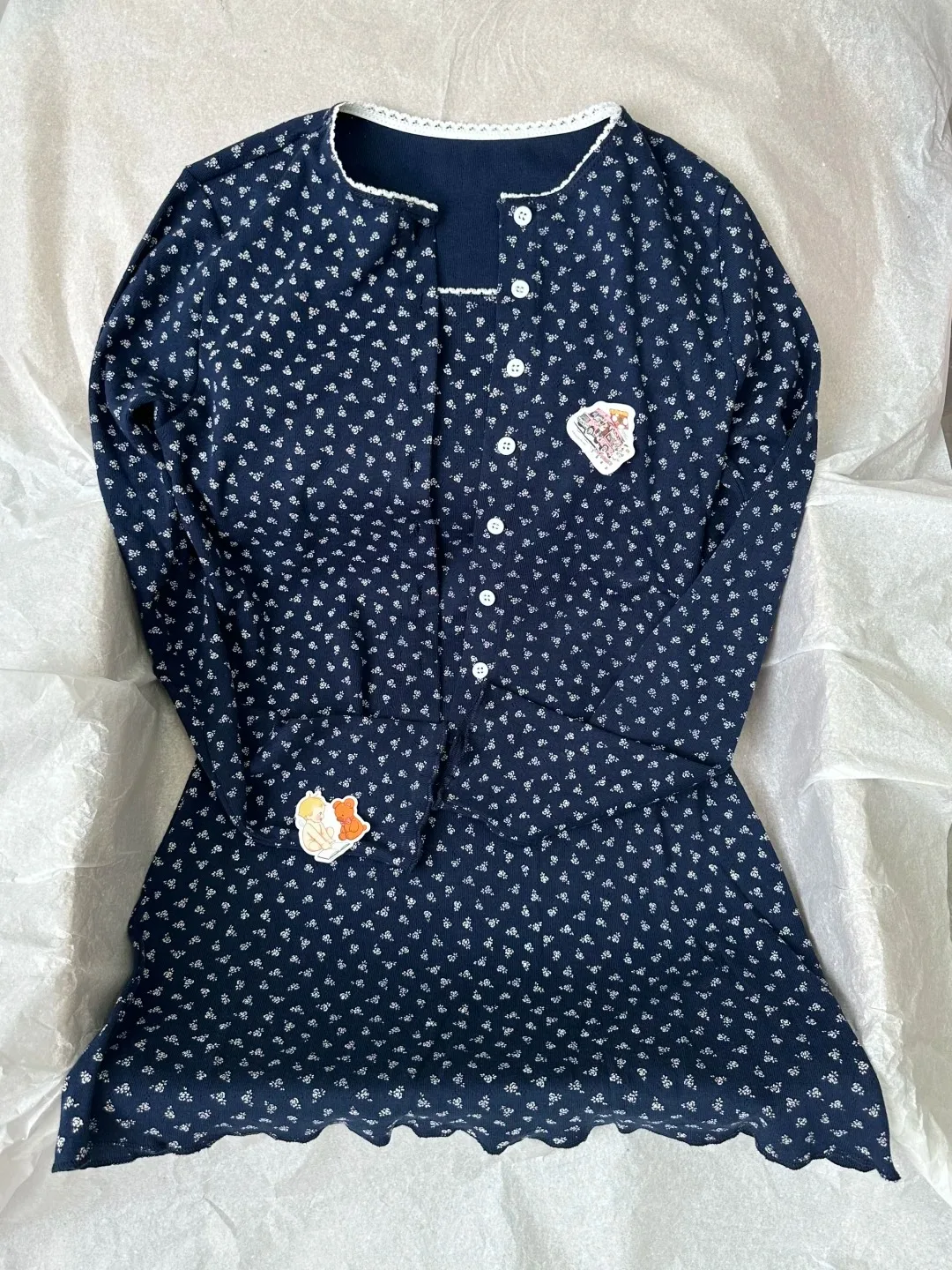 

Футболка с длинным рукавом и цветочным принтом, комплекты женских однобортных футболок + тонкие платья-майки с кружевной отделкой, темно-синий хлопок, новый комплект из 2 предметов