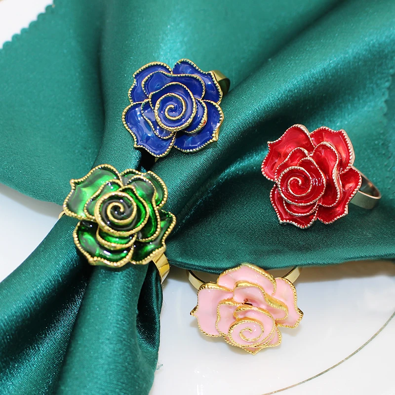 6Pcs Valentine's Day Rose Napkin Rings Flower Napkin Holder for Wedding Party Holiday Banquet Table Decor (Red/White/Green/Blue)