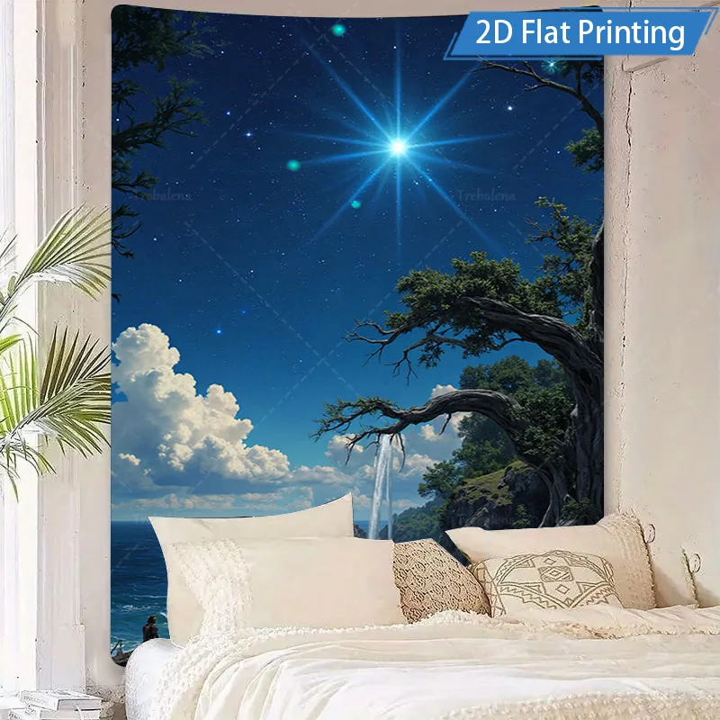 1pc 벽 태피스트리 별이 빛나는 밤 바다 전망 태피스트리 - 해안 풍경 벽걸이 예술