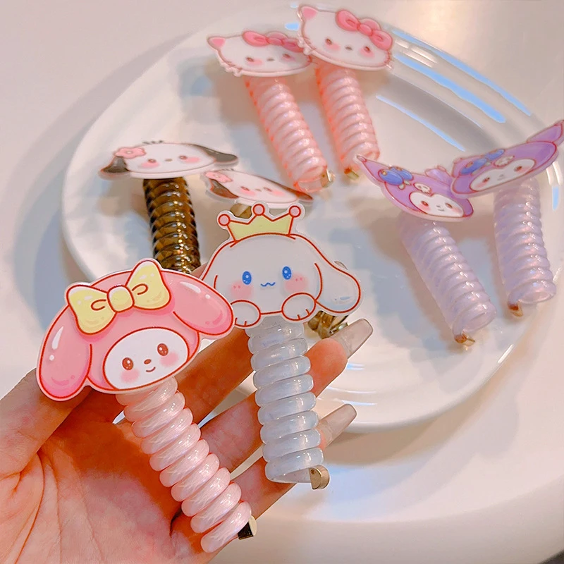 1PC New Sanrio Kuromi Lovely Embroidered  Elastic Spiral Hair Rope Head Rope Ponytail Hair Ring Rubber Band Headdress For Kids