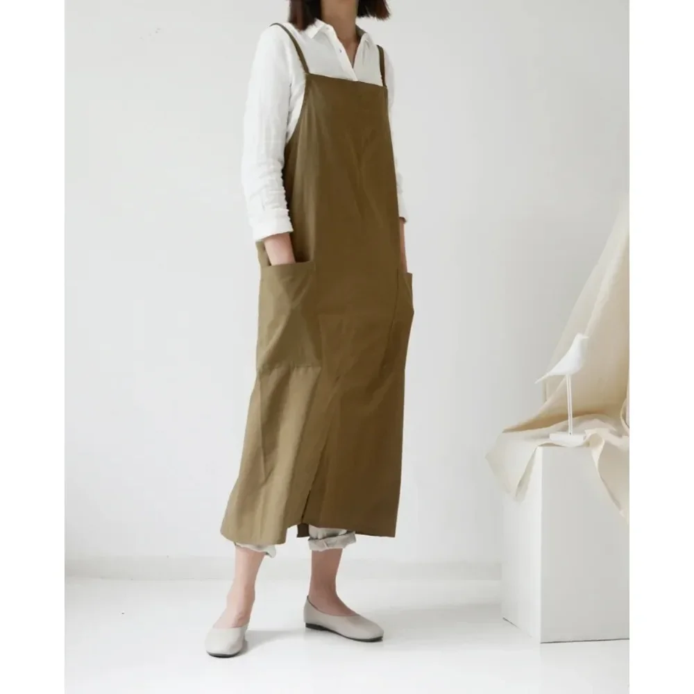 

Kitchen Apron Extra Long Breathable Art Kitchen Work Apron with Pockets Baking Adjustable Waterproof Cotton Twist Work Clothes