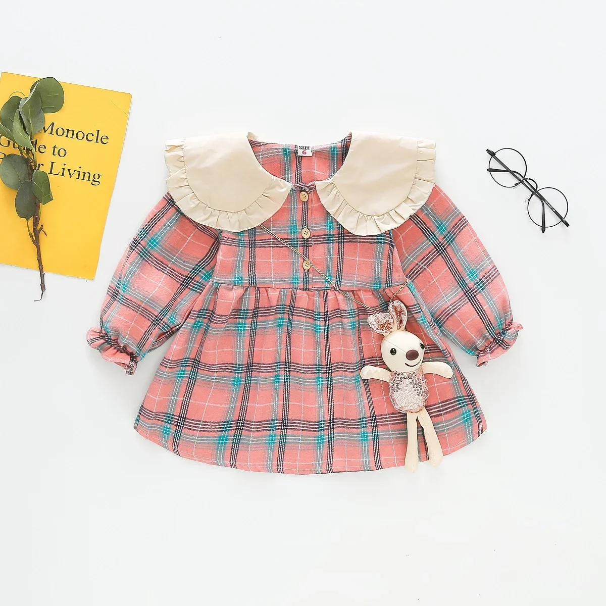 Girls Plaid Skirt Spring and Autumn Children's Clothing College Style Doll Collar Long Sleeved Sweet Dress As A Gift for Rabbits