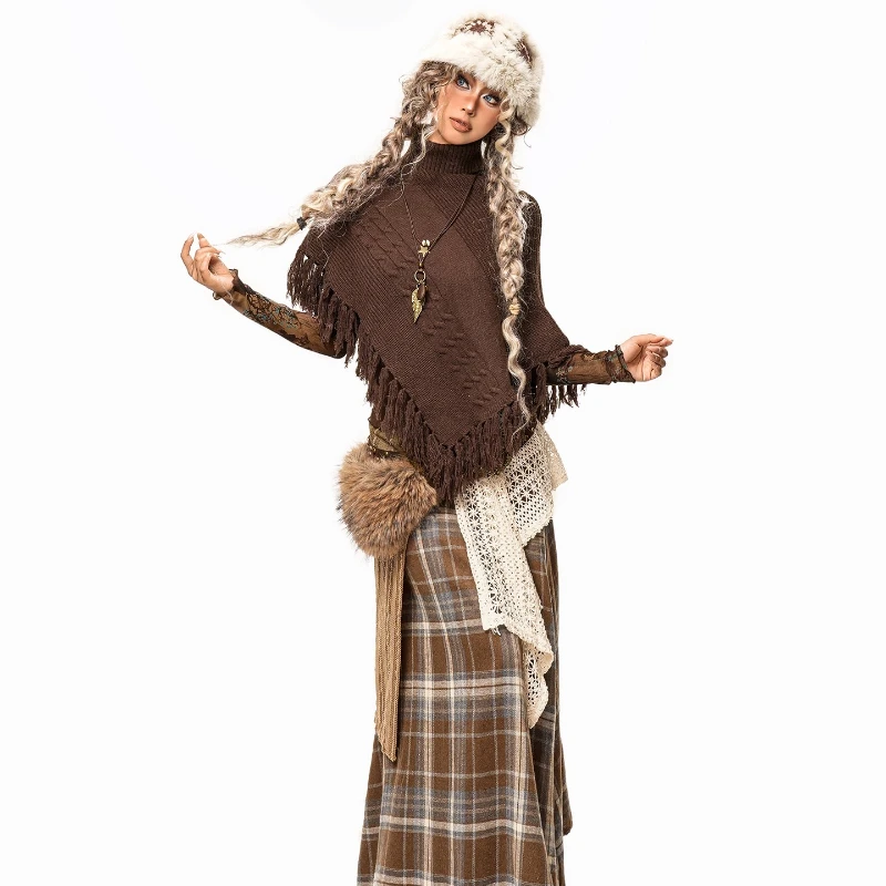 Americano retro design café cor irregular borla malhas femininas outono inverno nova gola alta quente menina capa xale senhoras