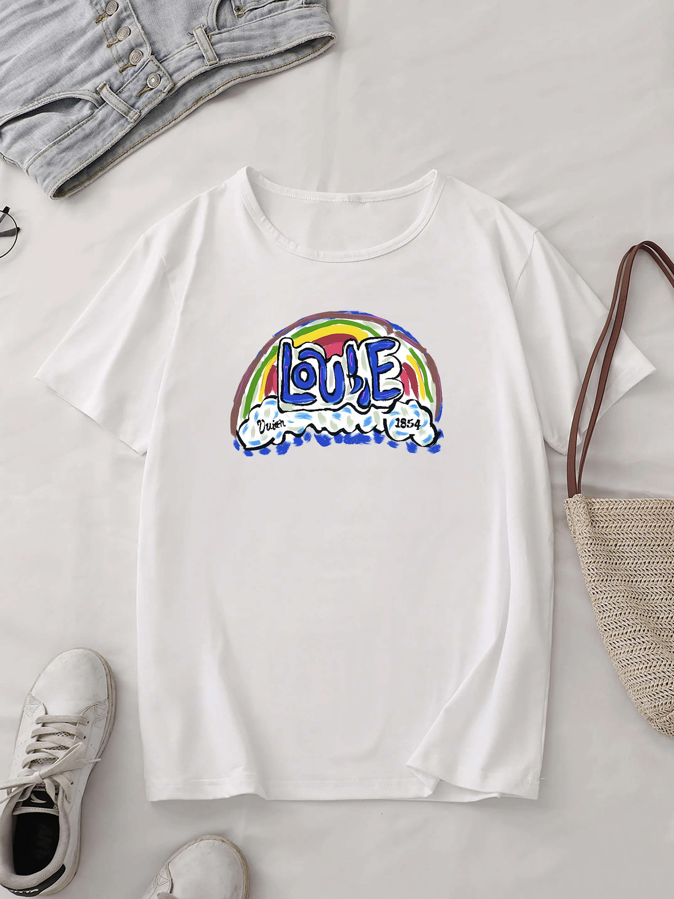 Rainbow & Letter Print Casual T-Shirt, Round Neck Short Sleeves Versatile Tee, Women's Sports Tops