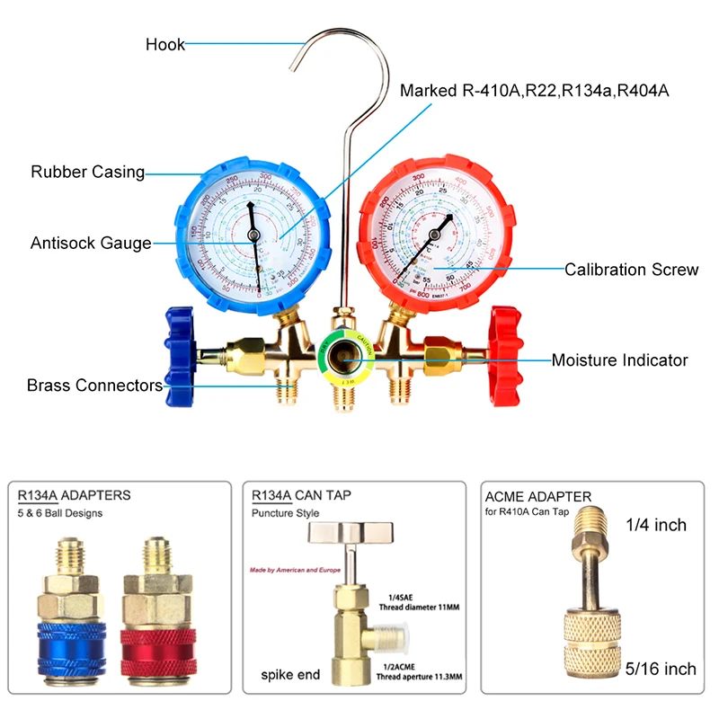 프레온 에어컨 압력 게이지, 호스 및 후크 포함, 3 웨이 AC 진단 매니폴드 게이지 세트, R12, R22, R404A, R134a 용, 신제품