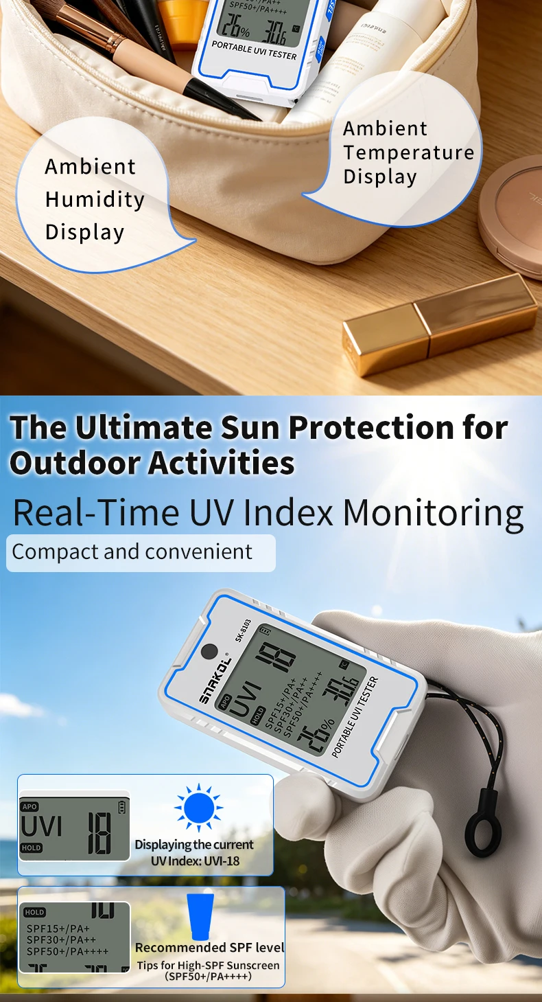 SNAKOL SK-8103 Digital UV Illuminometer Professional UV Light Meter Portable UV Tester Ultraviolet with Temp Humidity Display