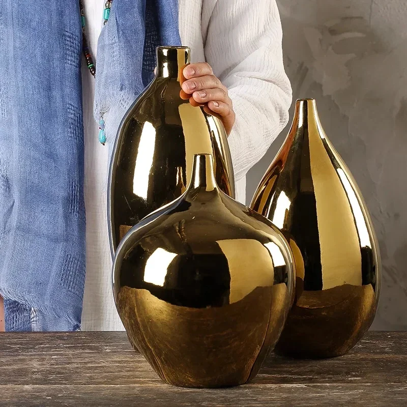 Large Gold Ceramic Vase European Simple Modern Table Flower Vase Living Room Decoration Floreros