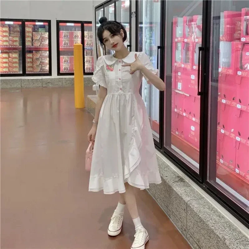 

White Peter Pan Collar Long Dress Women French Retro Puff Sleeve Waist A-line Ruffled Dresses Summer Casual Print Robe