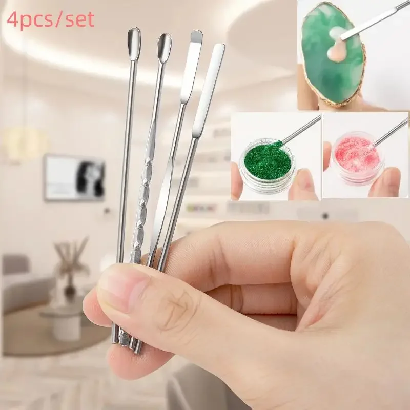 4 pçs ferramenta de haste de agitação da arte do prego pó de aço inoxidável líquido gel polonês colher espátula fundação ferramenta de mistura