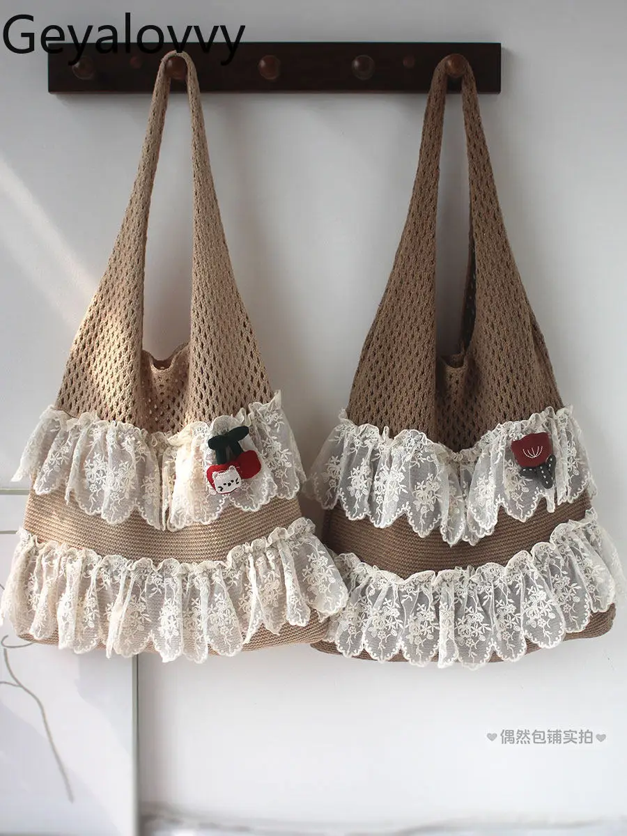 

Shoulder Bags for Women Retro Girl Handbags Japanese Style Knitted Hollow Lace Edge Yarn Woven Bag Sweet and Cute Handbag