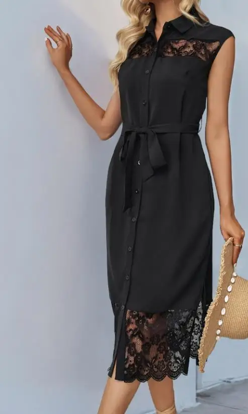 Vestido informal de verano para mujer, Color sólido, sencillo, sin mangas, con cuello en V, camisa larga con botones, vestido con solapa empalmada de encaje