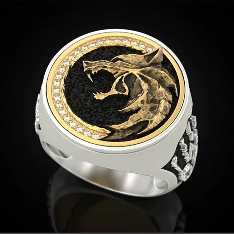 Personality Wizard Hunter Wolf Head Ring Men\'s retro overbearing hipster knuckle ring