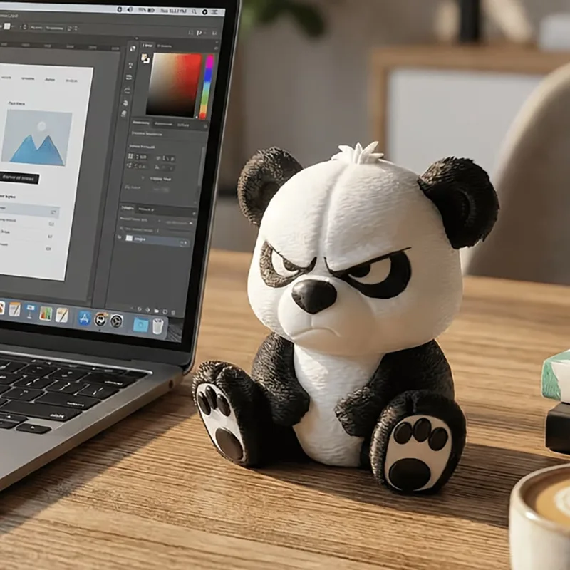 Resin Angry Face Panda Desktop Ornament,Cool Sitting Panda Statue Animal Decoration,Bookshelf Desktop Decoration Collection