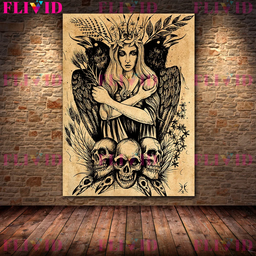 Women In Folk Myths And Legends,Vintage Wall Art Canvas Print,Lady Justice,Raven Witch,Fallen Angel,Demon Queen,Art Poster Print