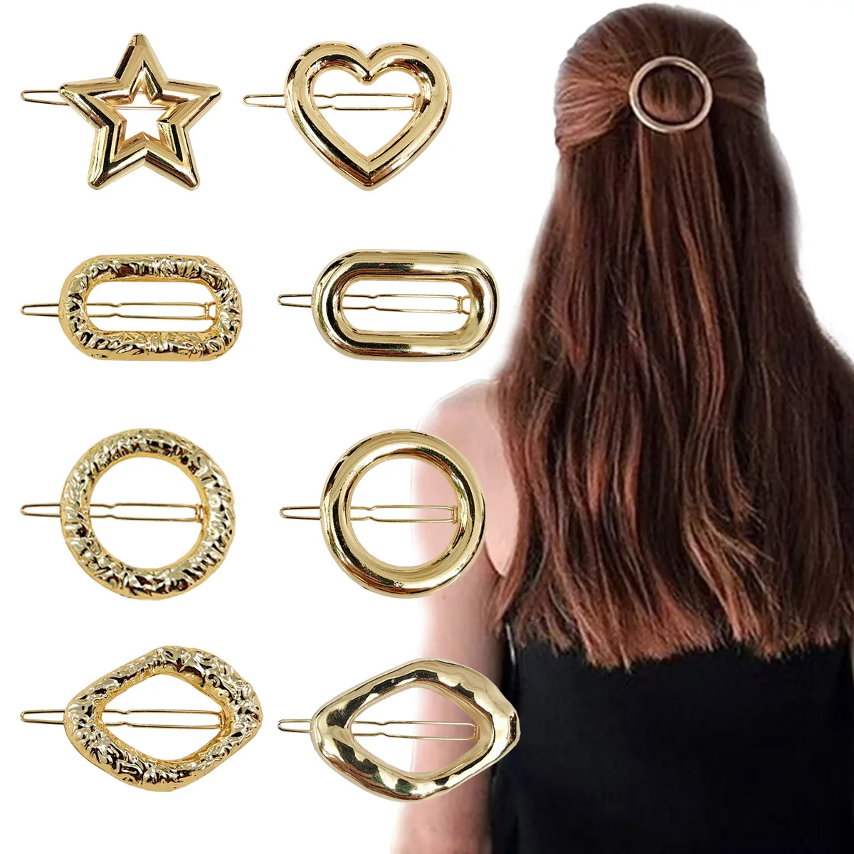 Fashion Metal Geometric Hollow Hair Clip Heart Round Barrette for Women Girls Sweet Hairpin Hairgrip Hair Accessories T022