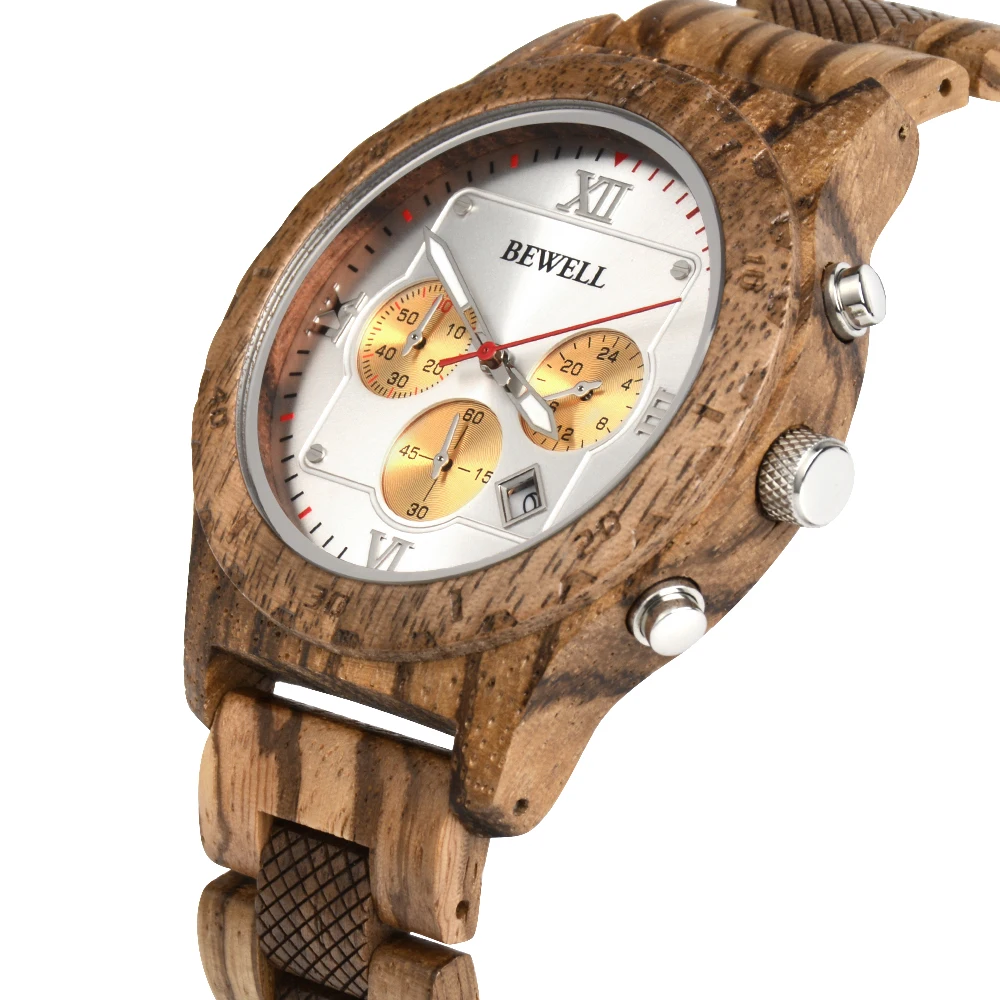 Wooden Watch for Men, Date Display Chronograph Quartz Wrist Watch, 3 Sub-dials Handmade Light Weight Luminous Watch