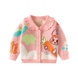 Spring Autumn Little Girls Sweater Cartoon Rabbit Carrot Color Blocked Baby Girls Knitwear Lace Collar Children Girls Cardigan