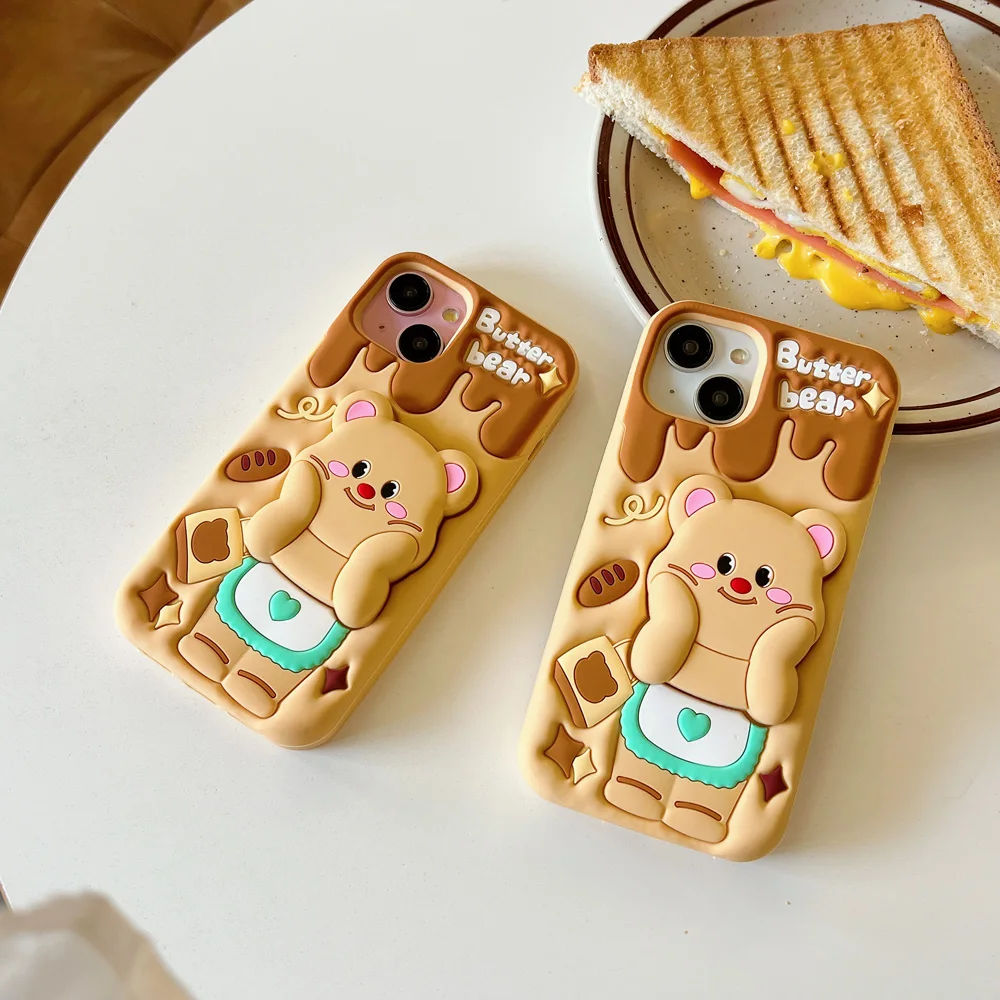 

3D Cute Cartoon Chocolate Bear Soft Silicone Phone Case, Back Cover with Telescopic Bracket , iPhone 11, 12, 13, 14, 15 Pro Max