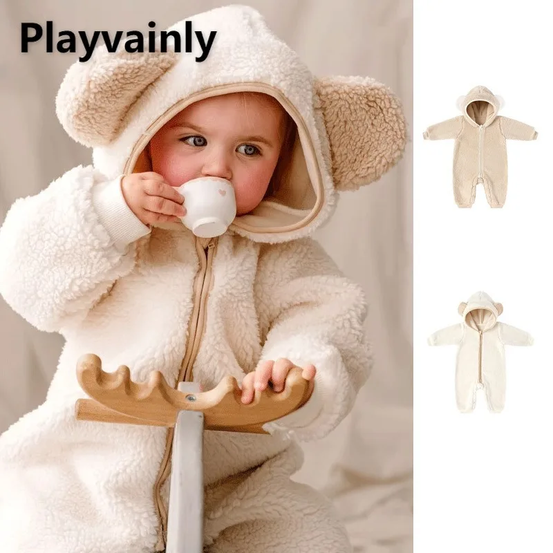جديد خريف وشتاء 2025 ملابس دافئة للأطفال من قطعة واحدة للأولاد والبنات من الصوف السميك مع قلنسوة وسحّاب رومبير بدلة قطيفة للأطفال الرضع A5324